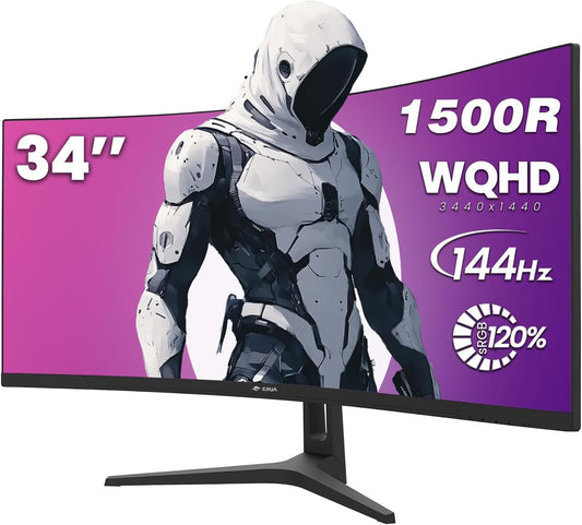 CRUA 34 Inch Gaming Monitor 144Hz, WQHD 3440X1440P Ultrawide Curved Monitor, 21:9 1500R 120% sRGB Computer Display Support Freesync, PIP/PBP, HDMI 2.0 & DP 1.4, Wall Mountable/Tilt Adjustable-Black - PuriLite