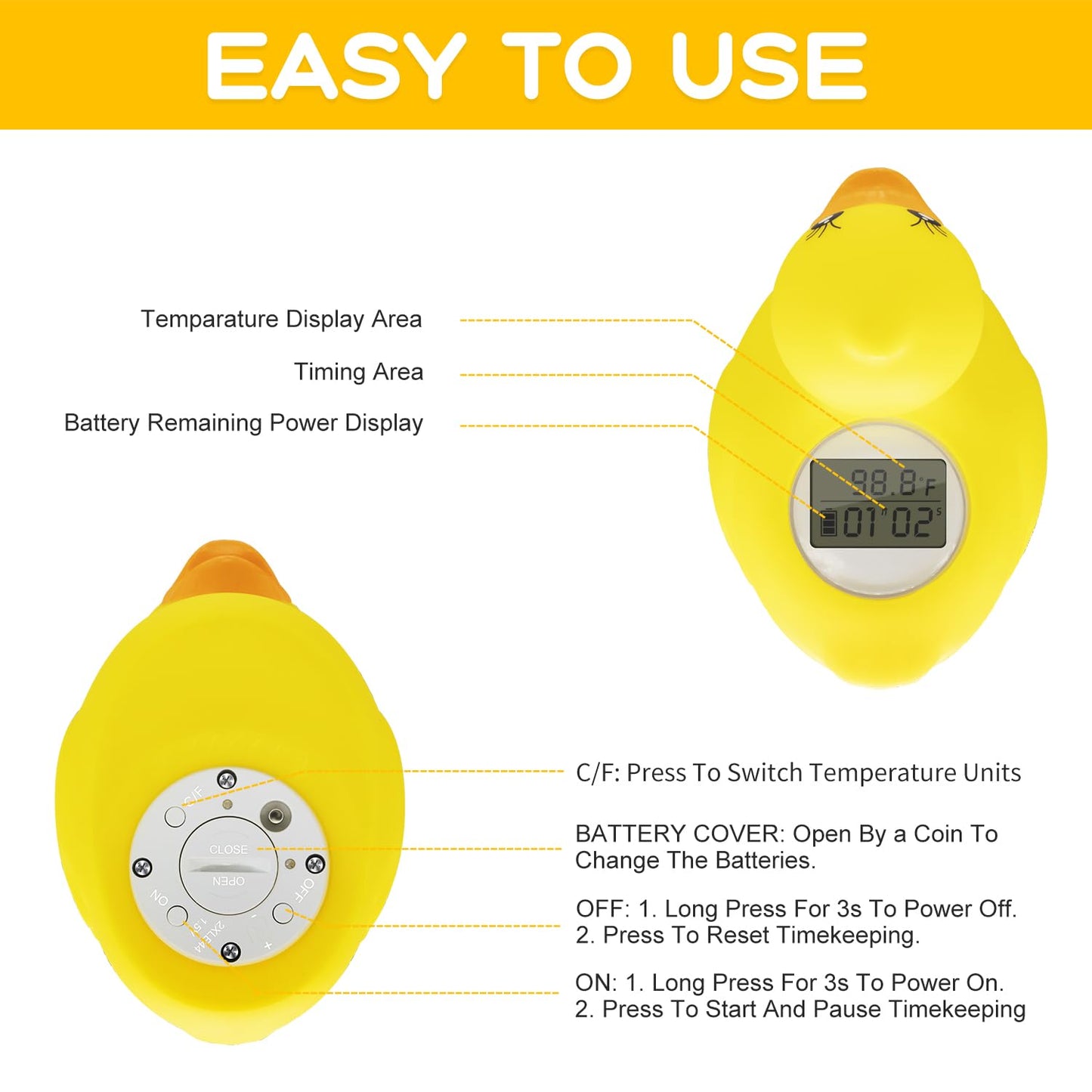BabyElf Baby Water Thermometer- Bathtub Thermometer Baby Bath and Room Thermometer, Floating Alarm for Infant Bathtub and Swimming Pool, Yellow Duck Bathtub for Shower