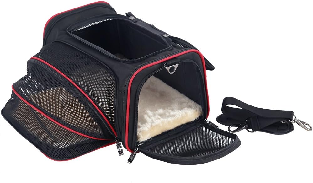 Petsfit Expandable Cat Dog Carrier Airline Approved, 17" L x 11" W x 11" H Soft-Sided Portable Pet Travel Carrier for Kitten, Puppy, Removable Soft Plush Mat and Pockets, Auto-Locking Zippers