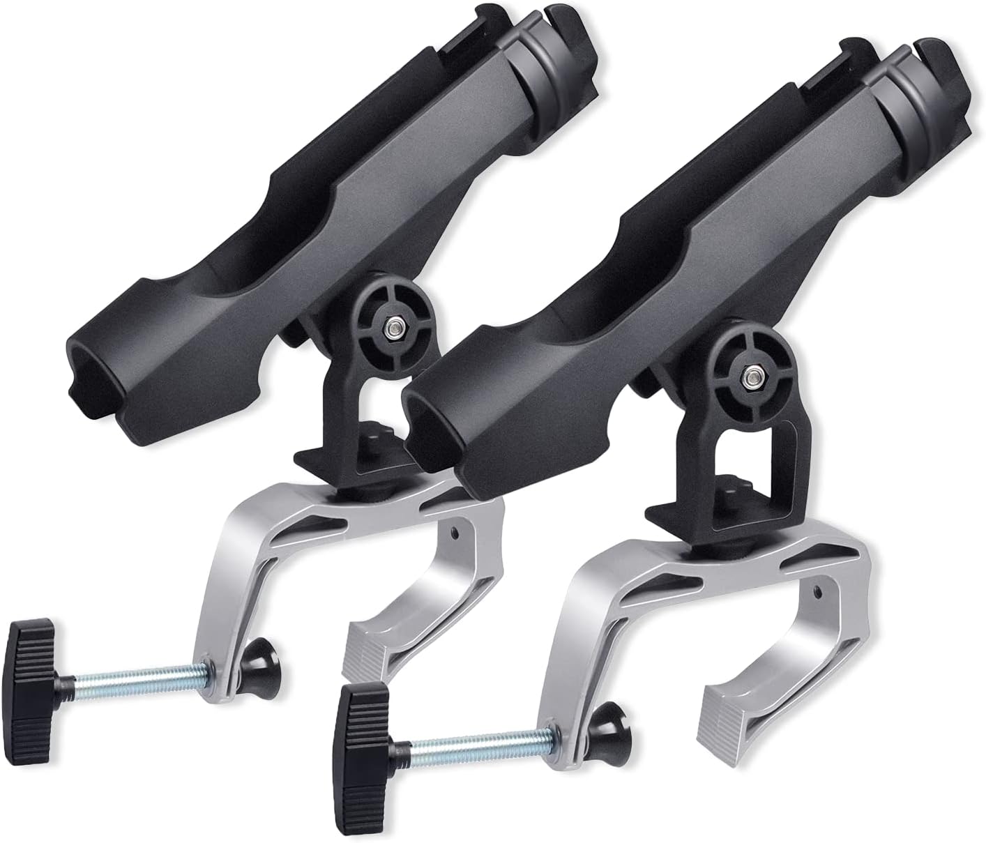 ROUDJER Fishing Rod Holders for Boats, 2 PCS 360 Degree Adjustable Rod Racks with Large Clamp Opening, Universal Fishing Accessories for Kayak Canoe, Easy Installation, Fishing Gifts for Men (Black)