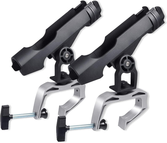 ROUDJER Fishing Rod Holders for Boats, 2 PCS 360 Degree Adjustable Rod Racks with Large Clamp Opening, Universal Fishing Accessories for Kayak Canoe, Easy Installation, Fishing Gifts for Men (Black)