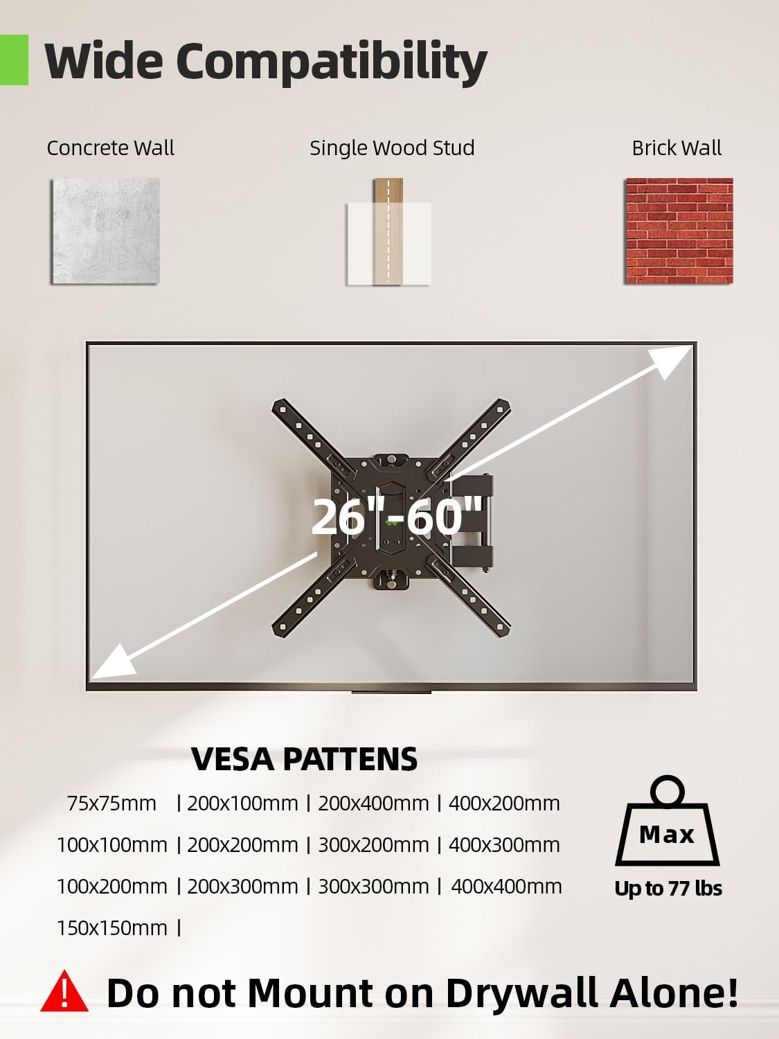 USX MOUNT Full Motion TV Wall Mount for Most 26-60 inch TV, Universal TV Mount Bracket Tilt Swivel Articulating Support TV up to 77 lbs, Max VESA 400x400mm, Perfect Center Design