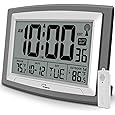 WallarGe Atomic Digital Wall Clock Battery Operated, Self-Setting, Large Display with Temperature, Date, Day of The Week, Silent Wall Mount Digital Clock, 4 Time Zones, DST