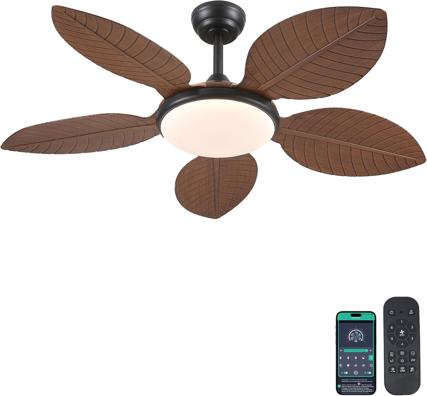 Wiviniya Ceiling Fans with Lights and Remote/APP Control, 44 Inch Tropical Palm Leaf Ceiling Fan with LED Lights, Outdoor Ceiling Fans for Patios Porch, Reversible Quiet Motor, Dimmable, Light Brown
