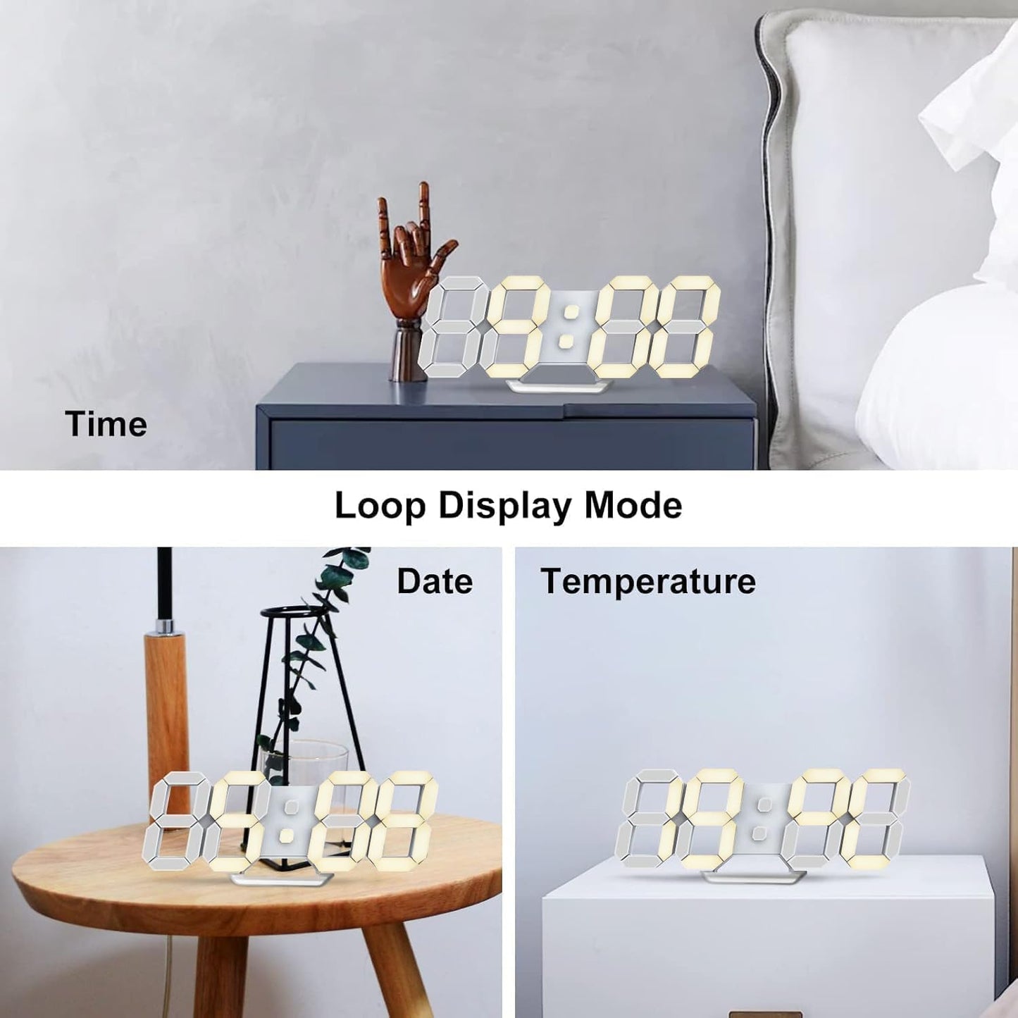 Deeyaple 3D LED Digital Wall Clock Modern Alarm Clock Adjust Brightness 12/24 Time Date Temperature Silent Snooze USB Night Light Remote Control Kitchen Bedroom Living Room Small 9.7 inch White