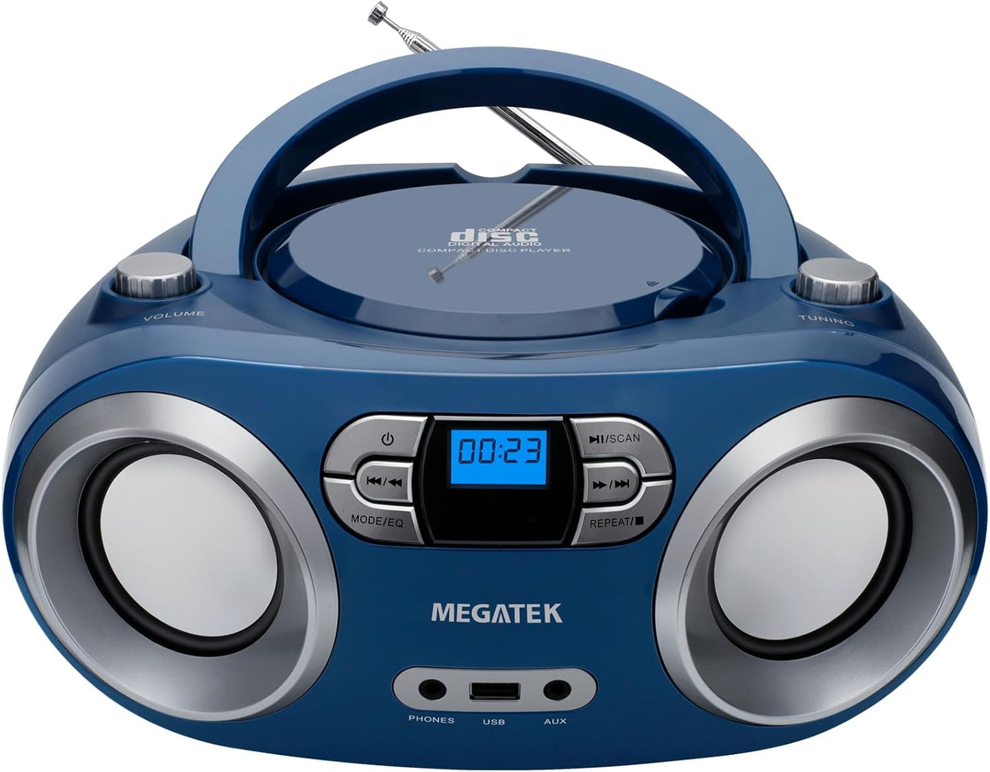 MEGATEK Portable CD Player Boombox with FM Radio, Bluetooth, USB Port, AUX Input, and Headphone Jack – CD-R/CD-RW/MP3-CD Compatible, Clear Stereo Sound, Backlit LCD Display – Black