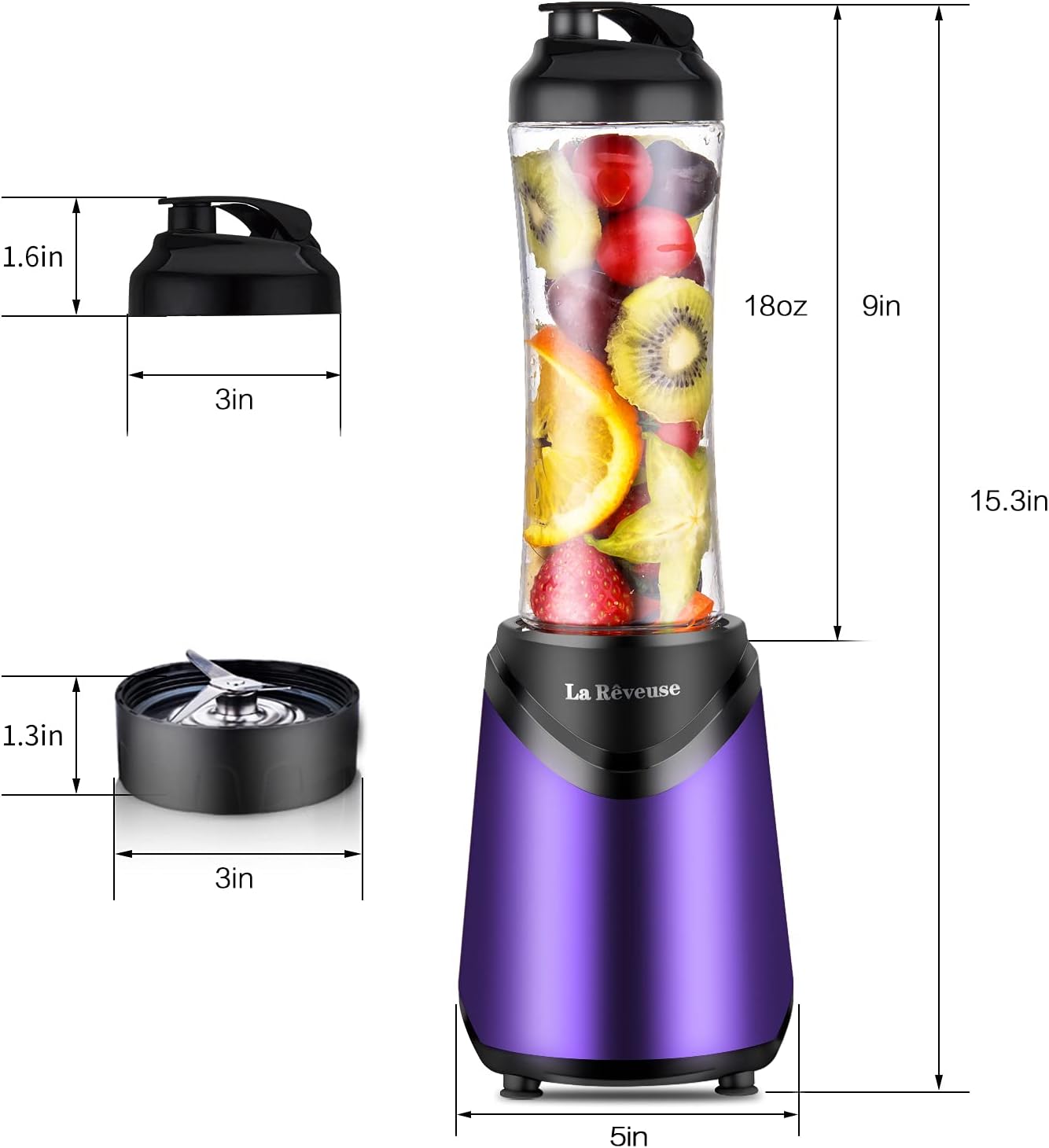 La Reveuse Smoothies Blender Personal Size 300 Watts with 2 Pieces 18 oz BPA Free Portable Travel Sports Bottles (Silver 2 Cups)