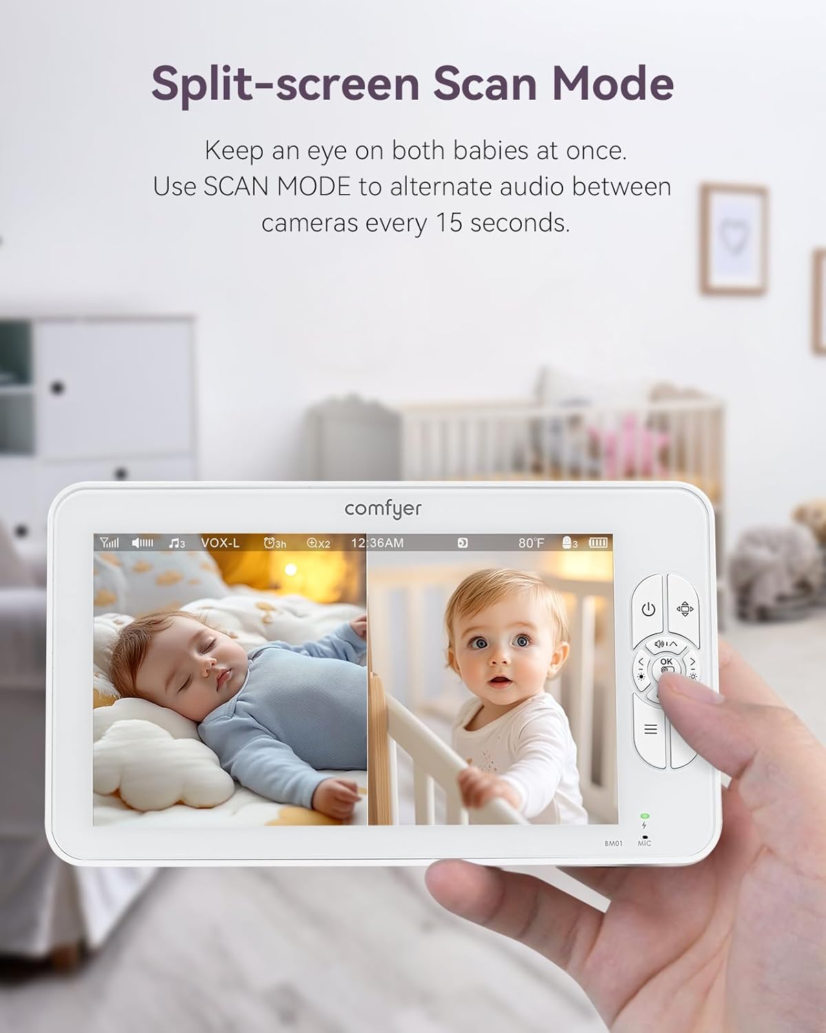 Comfyer 7" HD Split-Screen Baby Monitor with 2 Cameras, Video Baby Monitor with Camera and Audio, Flexible Bracket, Non-WiFi, VOX Mode, 2 Way Audio, Remote PTZ, Auto Night Vision