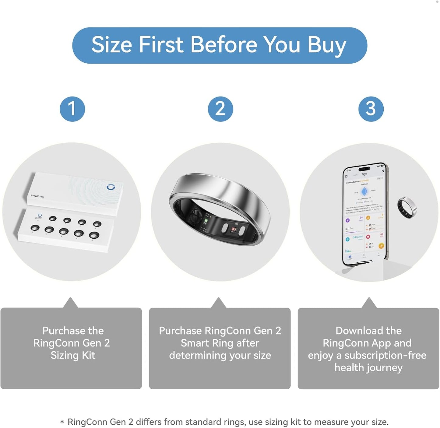 RingConn Gen 2 Smart Ring, No App Subscription, Size First with Sizing Kit, 12-Day Battery Life, Stress/Women's Health Tracker, Compatible with Android & iOS (Black, Size 8)