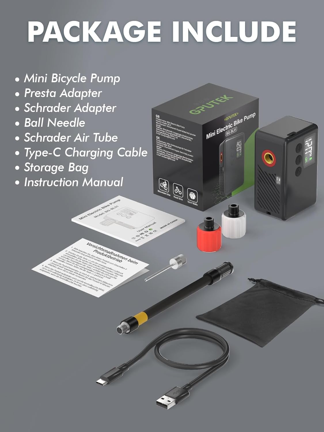 GPUTEK Mini Bike Tire Air Pump: Fast Inflate Portable Small Electric Bicycle Pump for Presta and Schrader Valves, 120 Psi High Pressure Pump with Digital Gauge for Road Bike, Mountain Bike, E-Bike