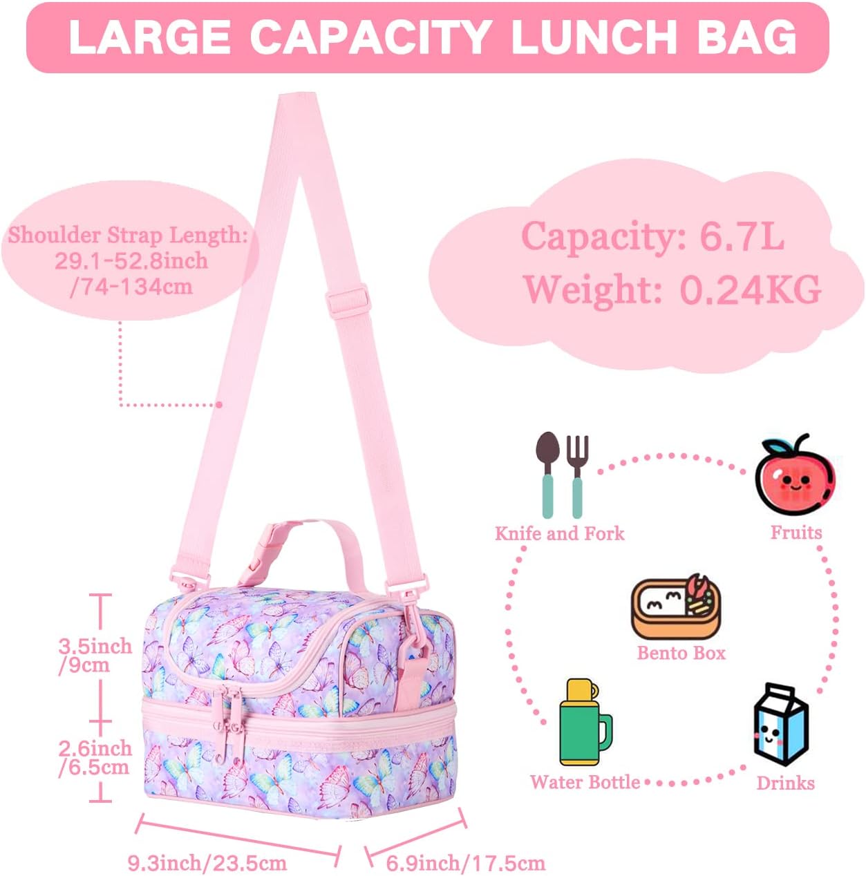 VASCHY Lunch Box Bag Men, Insulated Two Compartments Bento Cooler Bags for Adults/Women/Kids for School,Daycare,Kindergarten,Picnic Black