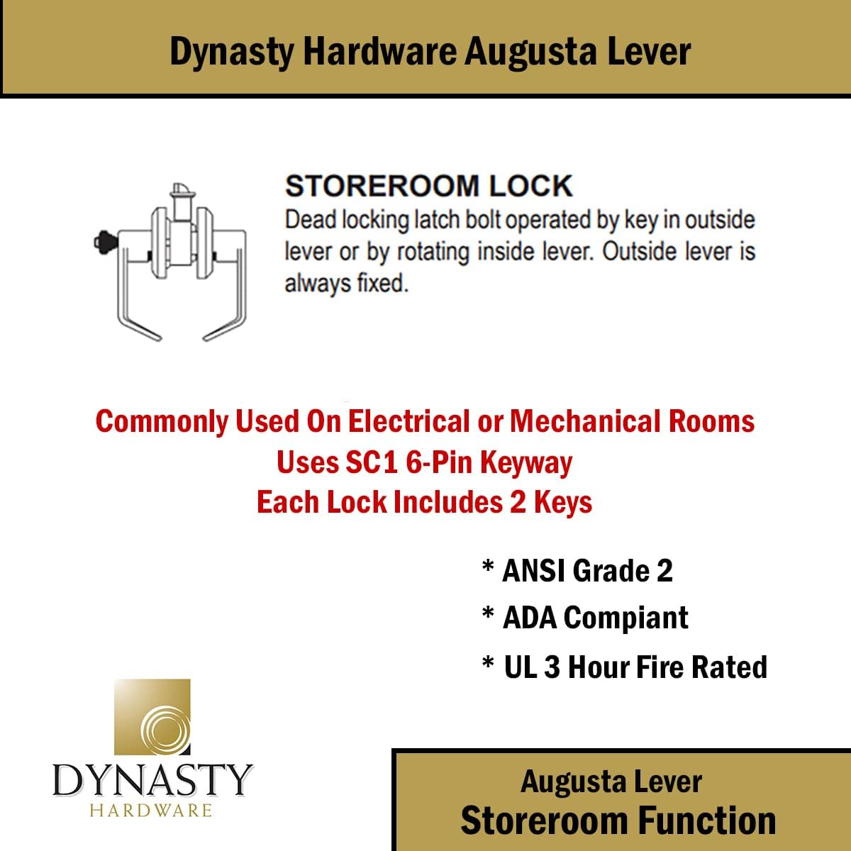 Dynasty Hardware AUG-00-26D Grade 2 Commercial Duty Office Door Keyed Lever Lockset, ADA, Satin Chrome Finish