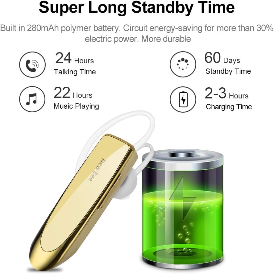 Bluetooth Headset New Bee 24Hrs V5.0 Bluetooth Earpiece Wireless Handsfree Driving Headset with Noise Canceling Mic Headset Case for iPhone Samsung Android Mobile Cell Phone Tablets Office