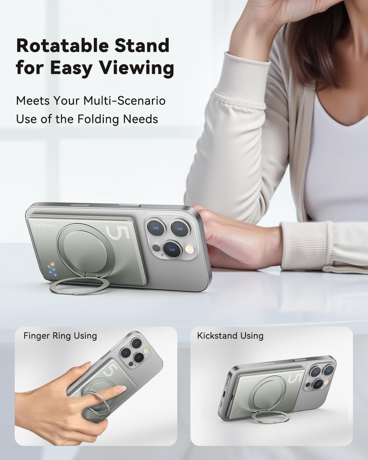 Power Bank Mag-Safe 5000mAh, Magnetic Wireless Power Bank, Mag-Safe Portable Charger Powerbank with Folding Swivel Stand Compatible with iPhone 16/15/14/13/12 Plus/Pro/ProMax - Titanium