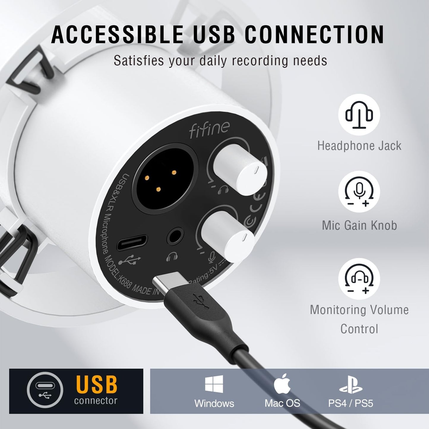 Fifine XLR/USB Podcast Microphone, PC Recording Dynamic Mic for Streaming, Studio, Vocal, Voice-Over, Instruments, Metal Cardioid Mic with Tap-to-Mute, Monitoring Headphone Jack, Gain Knob-K688