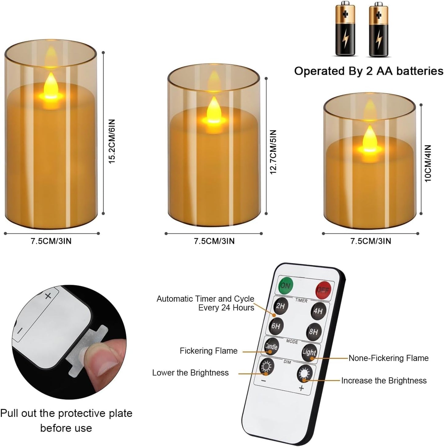 Flameless Led Candles Flickering, Candle Real Wax Fake Wick Moving Flame Faux Wickless Pillar Battery Operated Candles with Timer Remote Acrylic Effect for Festival Wedding Home Party Decor