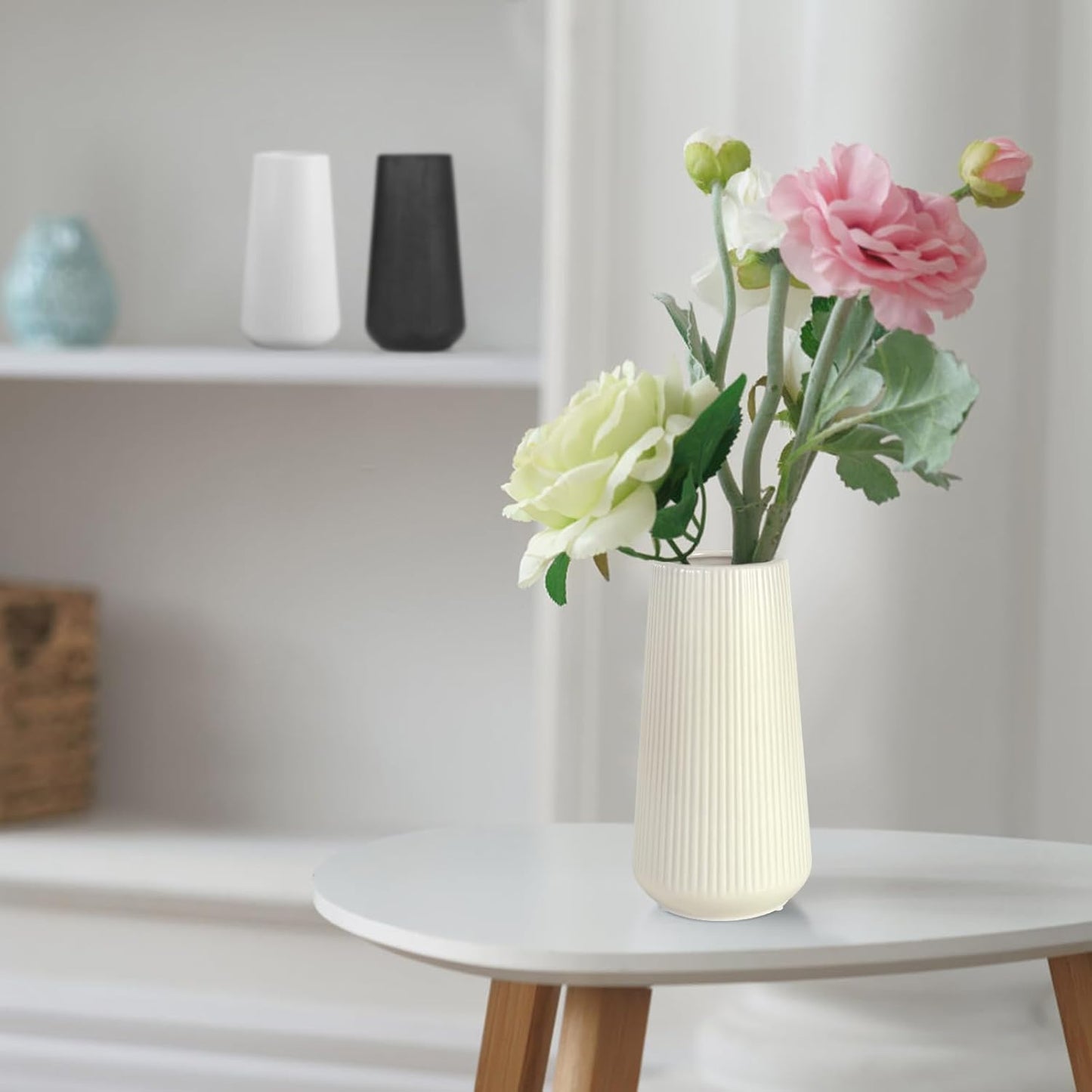 White Ceramic Vase, GUKJOB Small Cute Flower Vase for Pampas Grass, Home, Living Room, Dining Table, Farmhouse, Office Decor, Bedroom, Table, and Kitchen Shelf (White)