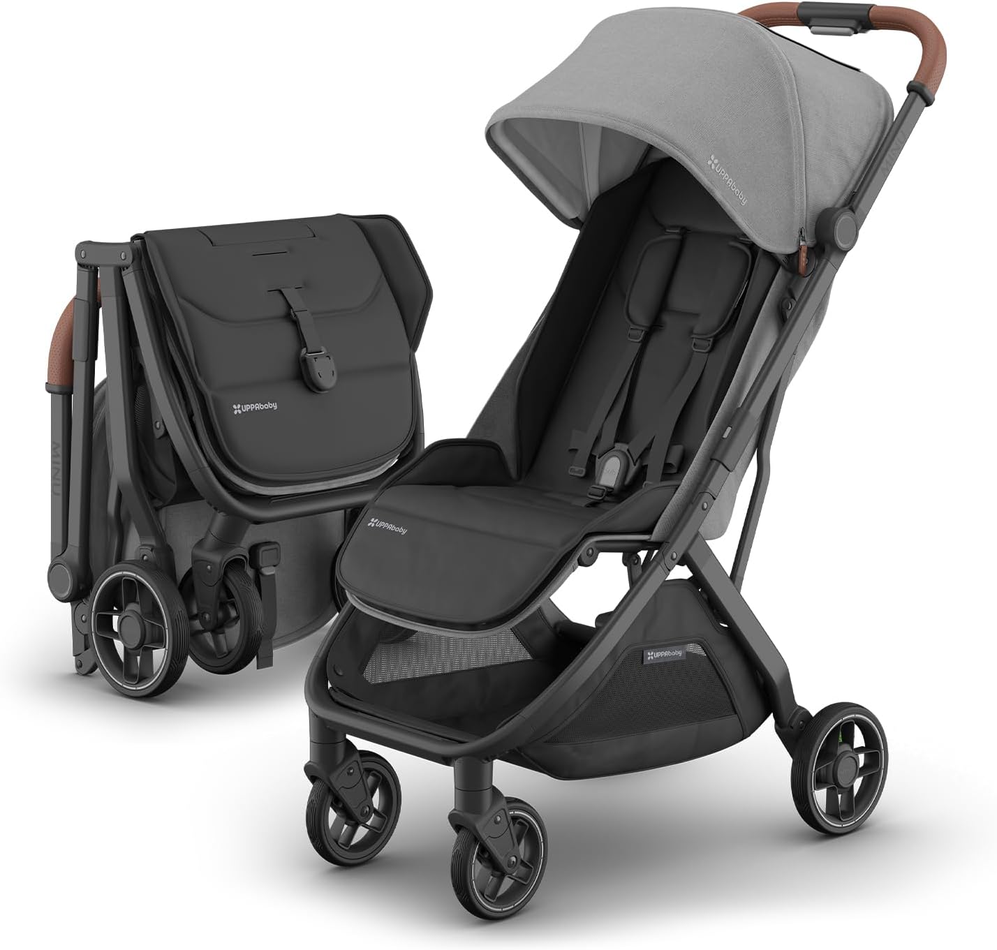 UPPAbaby Minu V3 Travel Stroller | Lightweight + Compact Design | One-Hand Fold + Unfold | From Birth + Overhead Compatible | Greyson (Charcoal Mélange/Carbon Frame/Saddle Leather)