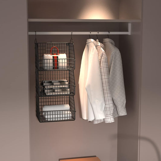 PUPPYCUTE Stackable Wire Baskets for Kitchen Closet Pantry Storage, Hanging Closet Organizers Storage Shelves Organization, Wall Mount Metal Basket Bins, Clothing Vegetable & Fruit Organizer 3 PCS