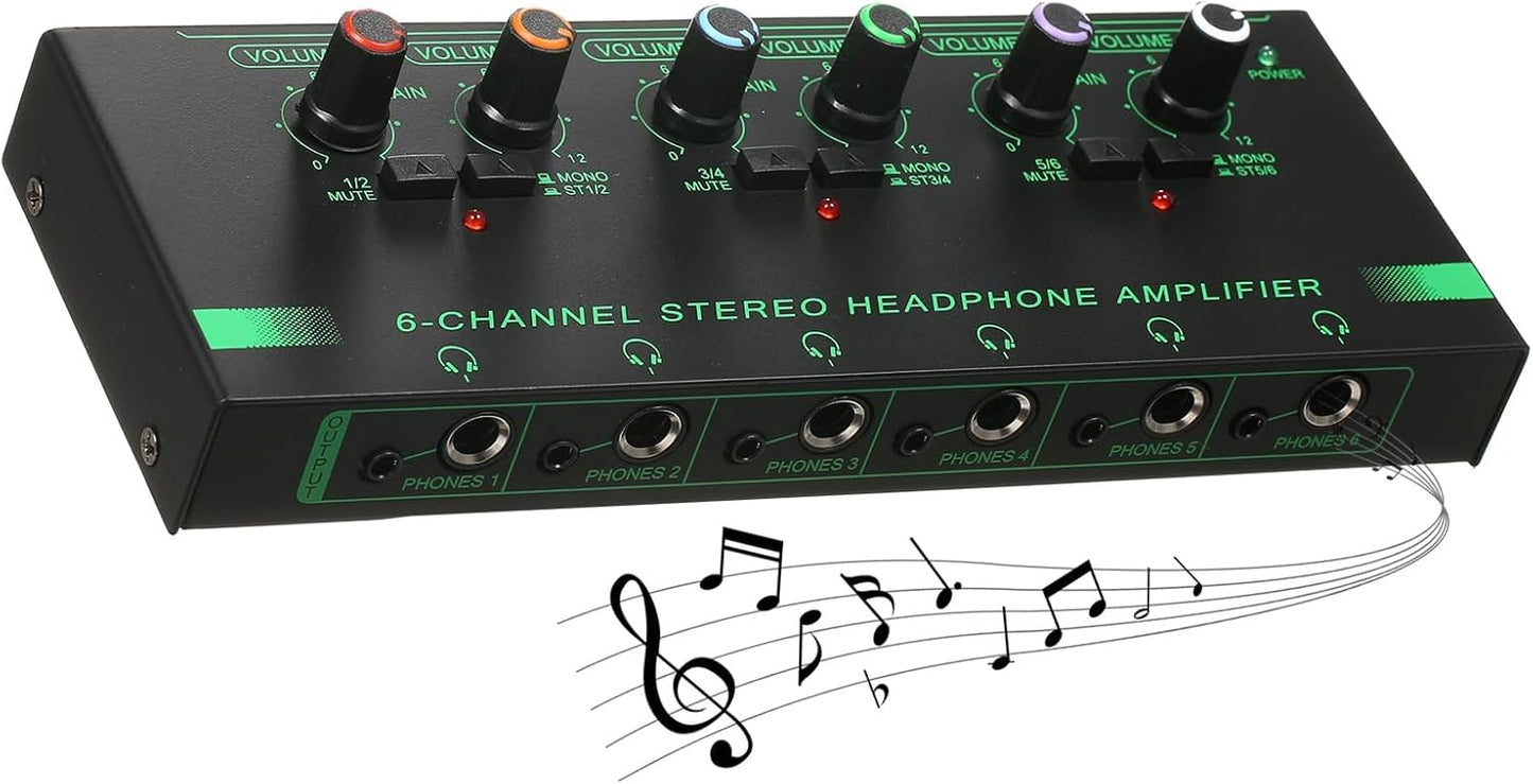 Headphone Amplifier, Headphone Amp 6 Channel Metal Stereo Audio Amplifier Splitter Mini Earphone Splitter