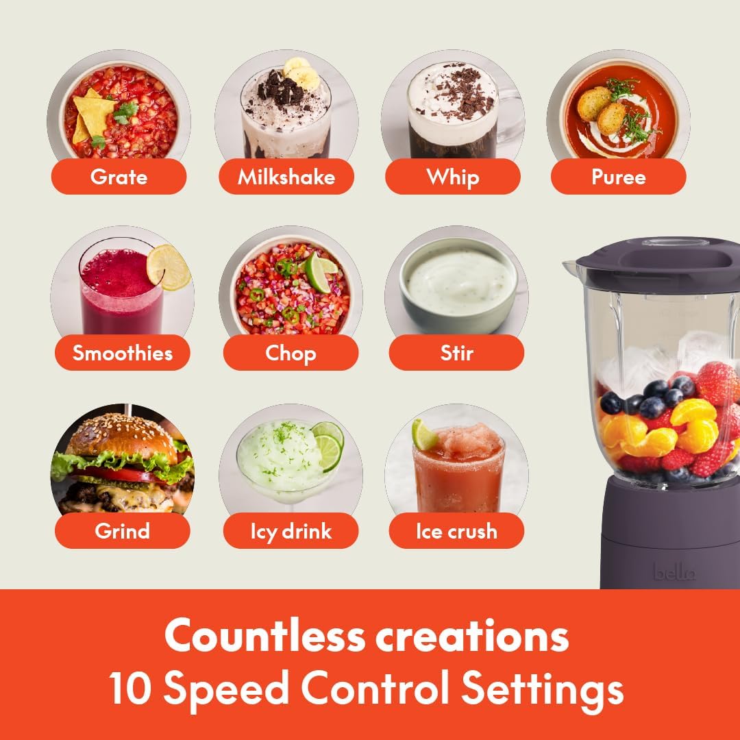 Bella 10-Speed Countertop Blender, Juicer and Smoothies, Fits Anywhere™, Slim Design with Lid and Lid for Dishwasher Stainless Steel Carafe, 450W, Surf