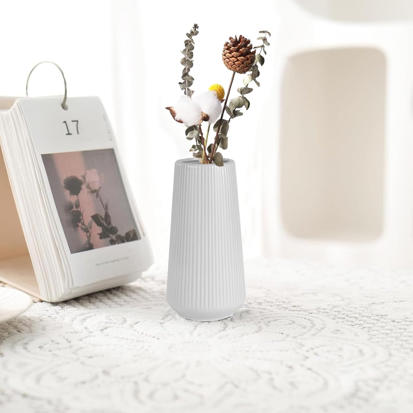 White Ceramic Vase, GUKJOB Small Cute Flower Vase for Pampas Grass, Home, Living Room, Dining Table, Farmhouse, Office Decor, Bedroom, Table, and Kitchen Shelf (White)