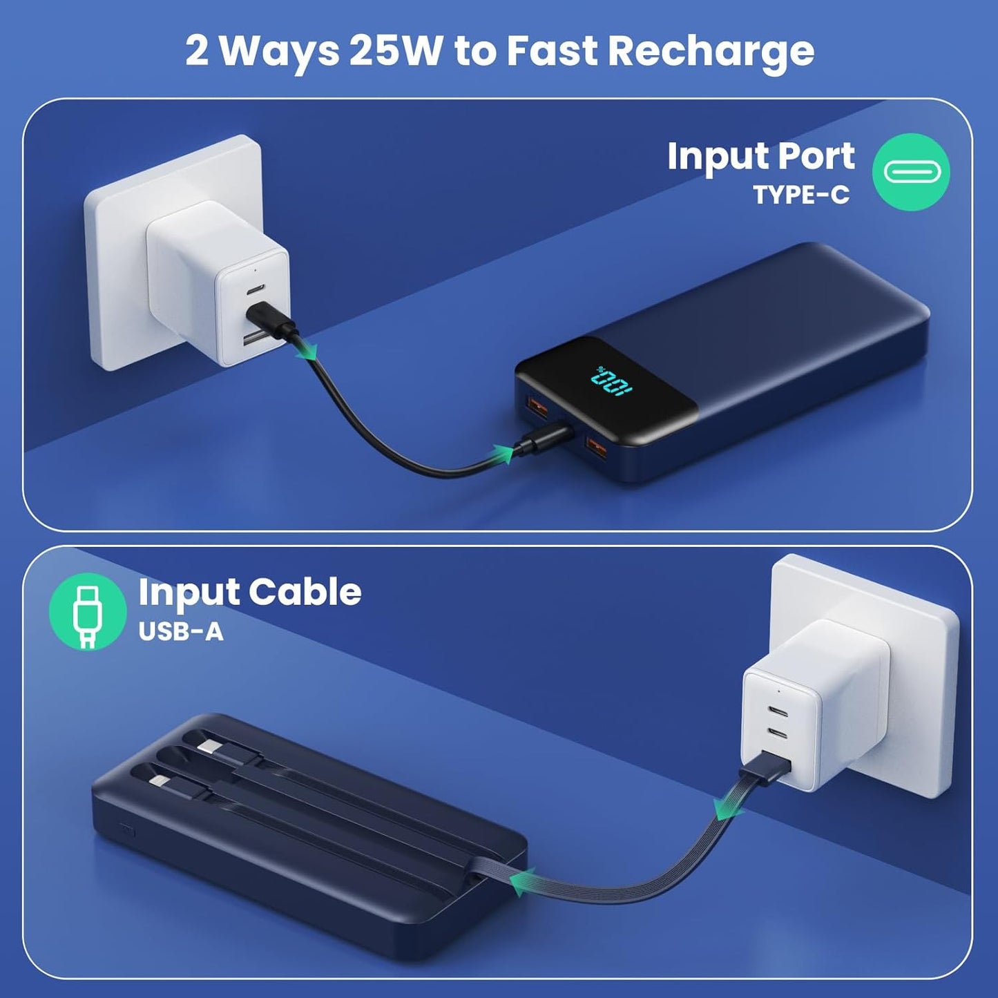 Power Bank 40800mAh Portable Charger with 3 Built-in Cable,25W PD USB C in&Out Power Bank Fast Phone Charging,QC4.0 LED Display Portable Battery Pack Compatible with iPhone 16/15,Samsung Android-Black