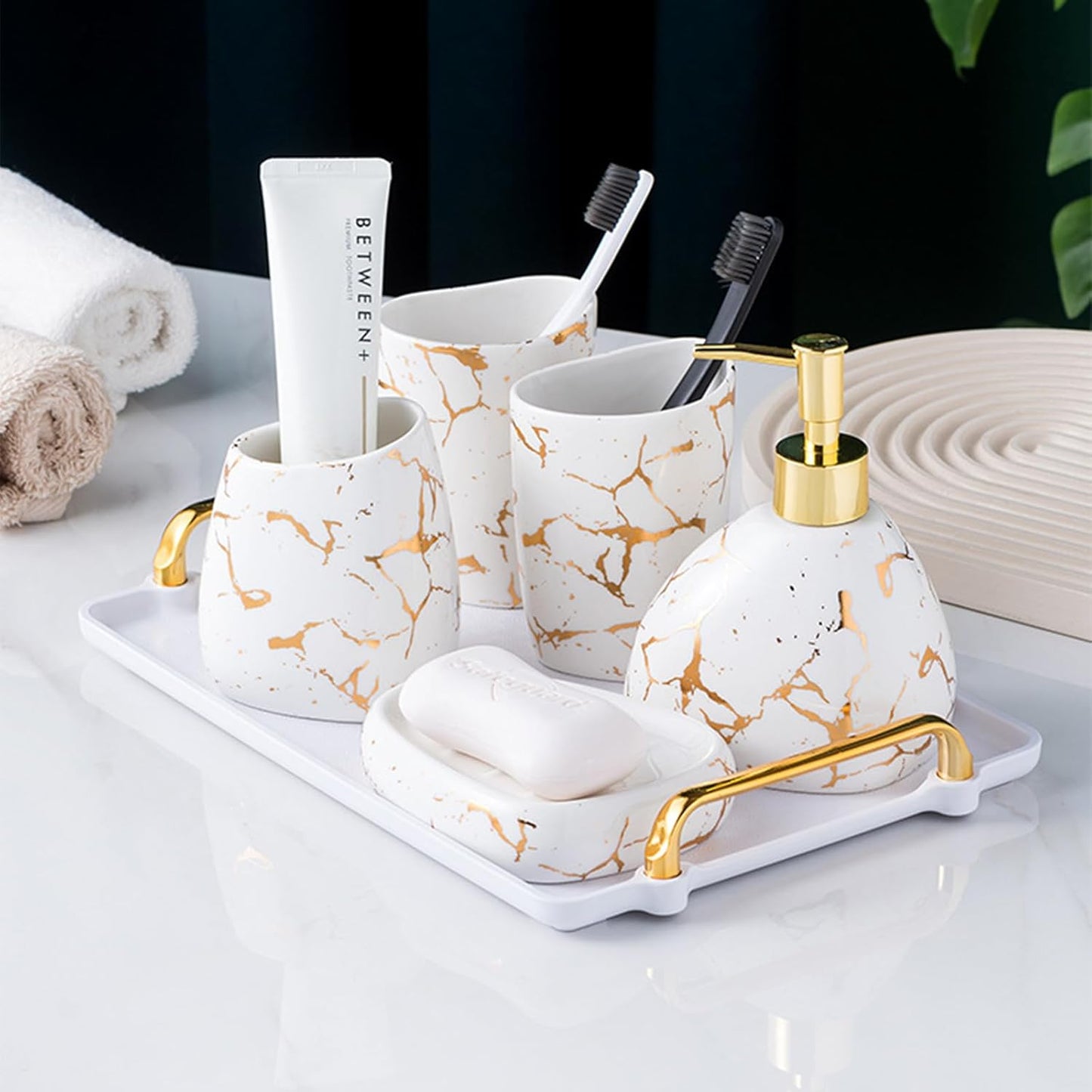 White Bathroom Accessories Set,Modern Countertop Bathroom Decor,Luxury 6 Piece Bathroom Accessory Set,Complete with Soap Dispenser,Toothbrush Holder,Tumbler,Tray