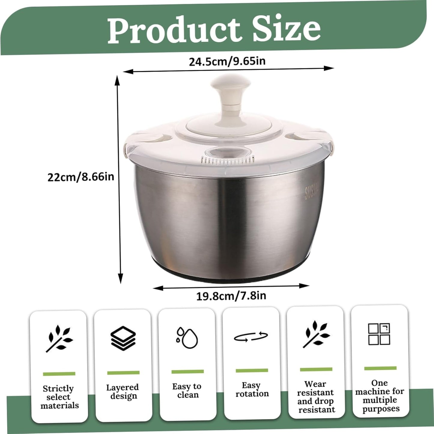 Salad Spinner 5L Dual Layer Stainless Steel & PP Lettuce Spinner with Lid & Rotating Handle Multi-Purpose Quick Dry Fruit and Vegetable Wash for Kitchen, Salad, Lettuce
