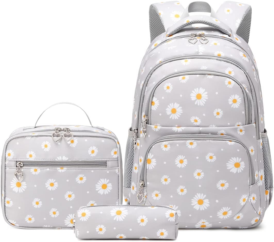 3Pcs Daisy Prints Backpack for Girls Bookbag set Primary School Daypack Elementary Students Knapsack with Lunch Box