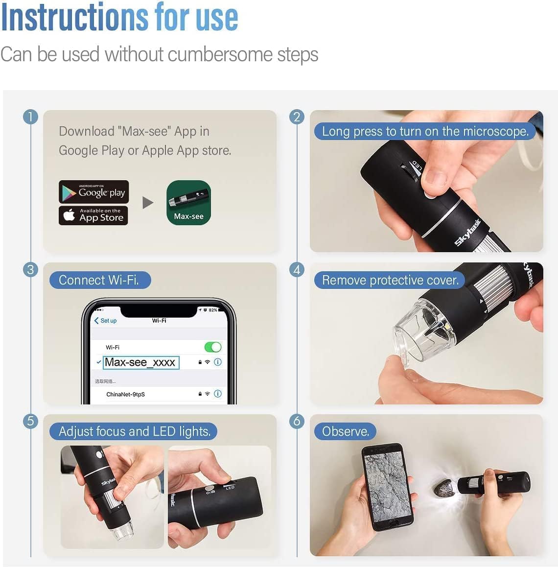 SKYBASIC Wireless Digital Microscope,50X-1000X Magnification WiFi Portable Handheld Microscopes with Adjustable Stand HD USB Microscope Camera Compatible with iPhone Android iPad Windows Mac Computer