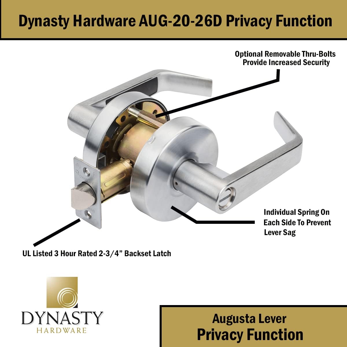 Dynasty Hardware AUG-00-26D Grade 2 Commercial Duty Office Door Keyed Lever Lockset, ADA, Satin Chrome Finish