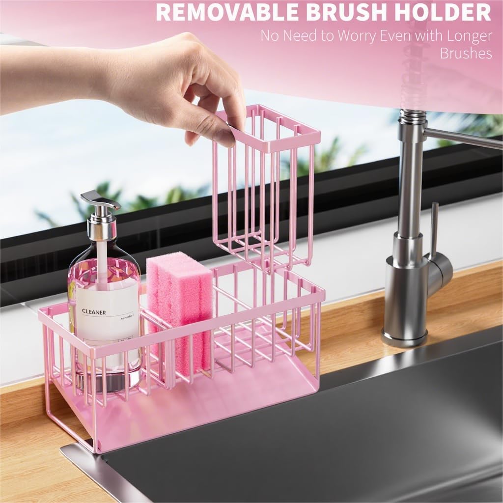 Cisily Kitchen Sink Caddy Organzier with High Brush Holder, Sponge Holder for Sink, 304 Rustproof Stainless, Kitchen Countertop Soap Dispenser Organizer, Kitchen Decor and Accessories (Black)