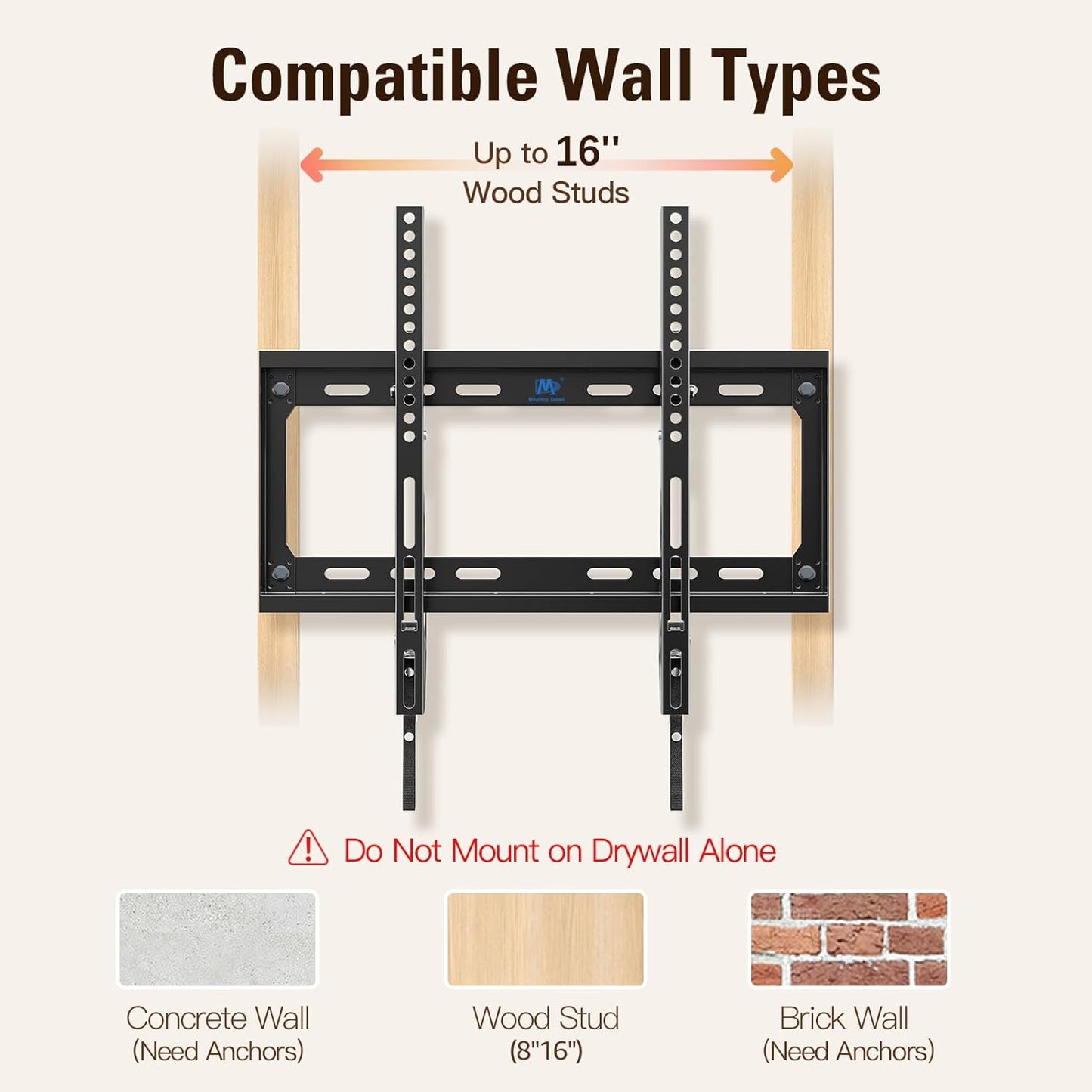 Mounting Dream TV Wall Mounts for Most 26-60" LED, LCD, OLED, Plasma Flat Screen TVs, Tilting TV Mount Low Profile up to VESA 400 x 400mm and 88 LBS Loading MD2268-MK