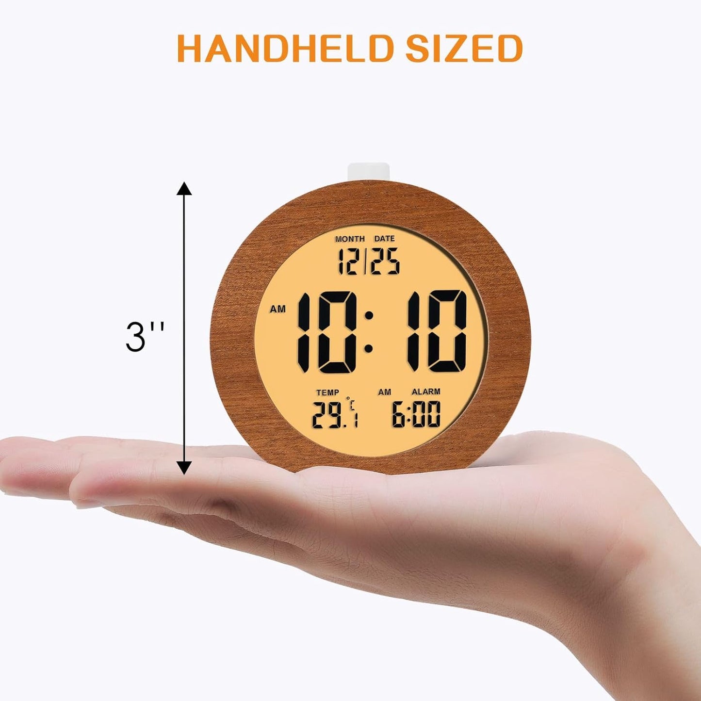 Plumeet Wooden Digital Alarm Clock for Bedrooms, Wood 4'' Battery Powered Alarm Clock with Snooze and Nightlight, Electronic LCD Desk Clock Display Time, Date, Temp, 12/24H, Wood Décor (Sapele, 3.2'')