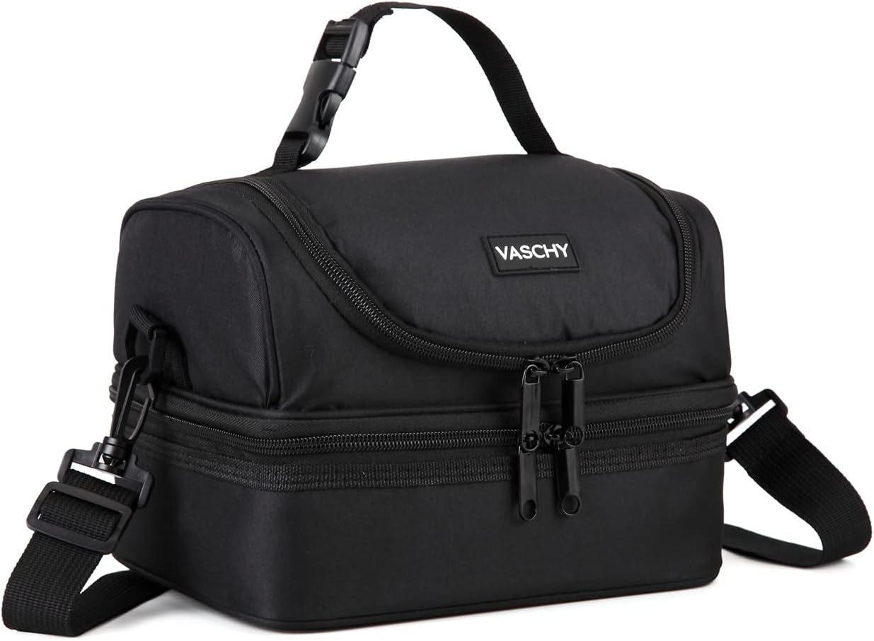 VASCHY Lunch Box Bag Men, Insulated Two Compartments Bento Cooler Bags for Adults/Women/Kids for School,Daycare,Kindergarten,Picnic Black