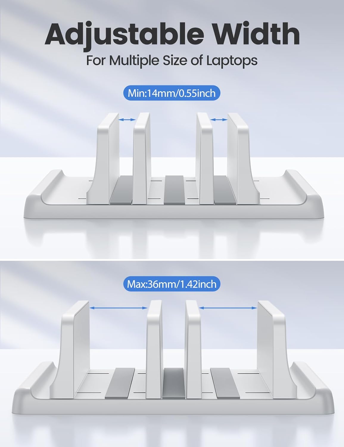 VAYDEER 3-Slot Vertical Laptop Stand Desk Organizer – Adjustable Space-Saving Holder for Laptops, Tablets & Phones, 5-in-1 Design - PuriLite