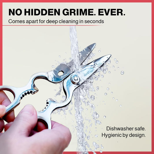 Kitchen Scissors – All Steel, Come-Apart, Dishwasher Safe | Heavy-duty 3Cr14 steel shears. Serrated edge cuts poultry, herbs & seafood. 5-in-1 multi-tool. Opens bottles & cans.