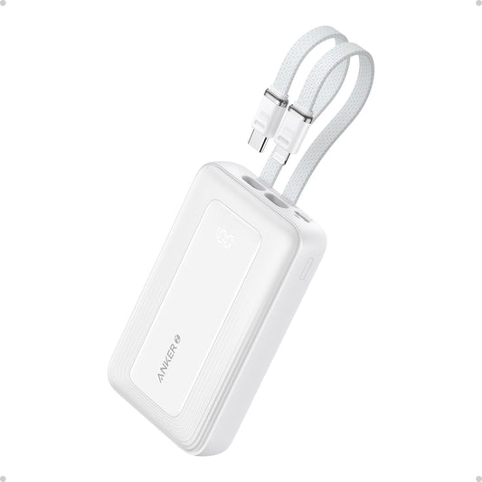 Anker Zolo Power Bank, 10,000mAh 30W Max Fast Portable Charger with Built-in USB-C and MFi Certified Lightning Cables, USB-C&A, Battery Pack for iPhone 16/15 Series, MacBook, Galaxy (White)