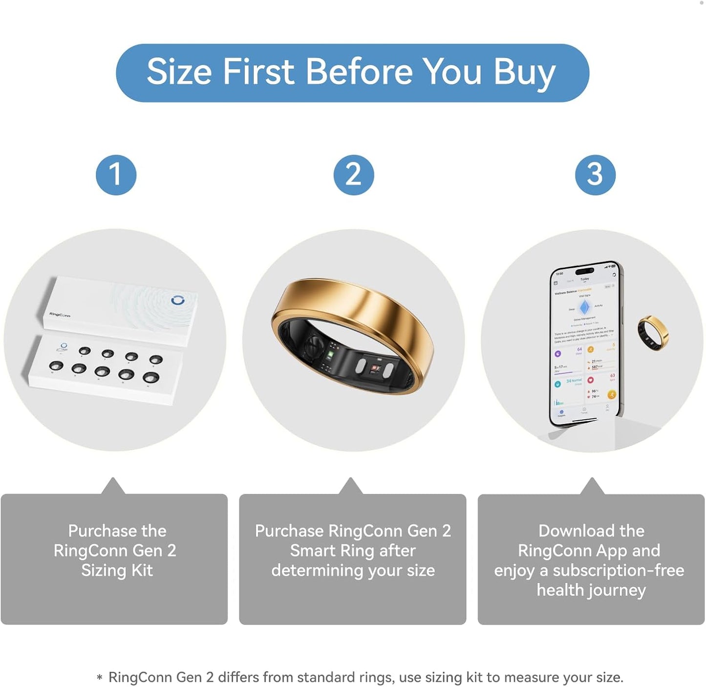 RingConn Gen 2 Smart Ring, No App Subscription, Size First with Sizing Kit, 12-Day Battery Life, Stress/Women's Health Tracker, Compatible with Android & iOS (Black, Size 8)