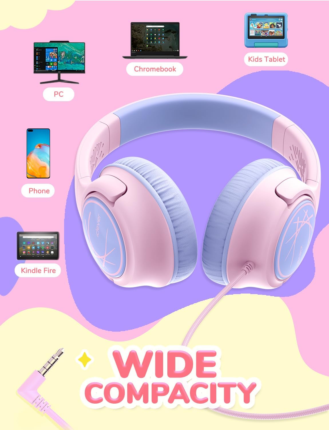 iClever Kids Headphones with Cord, 85dBA Safe Volume Wired Headphones for Kids, Stereo Sound Foldable Adjustable, 3.5mm Jack, Over Ear for School/Boys/Girls/iPad/Tablet/Travel, Blue