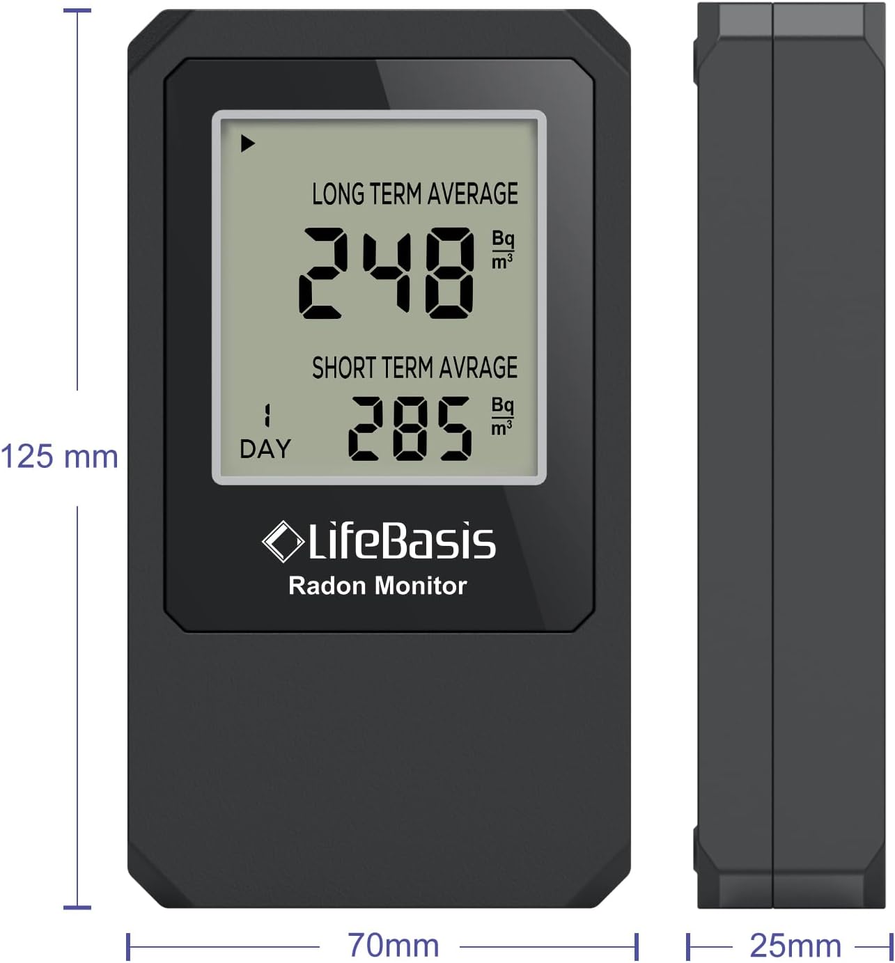 Life Basis Radon Detector for Home Radon Tester Portable with Large Screen Long and Short Term Radon Monitoring Battery Operated, Canadian Version in Bq/m - Dark Grey