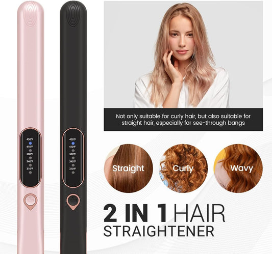 1 Inch Hair Straightener and Curler 2 in 1, Ceramic Titanium Flat Iron,Pink Dual Voltage Straightening Irons with Fast Heating,Glove and 2 Clips Include