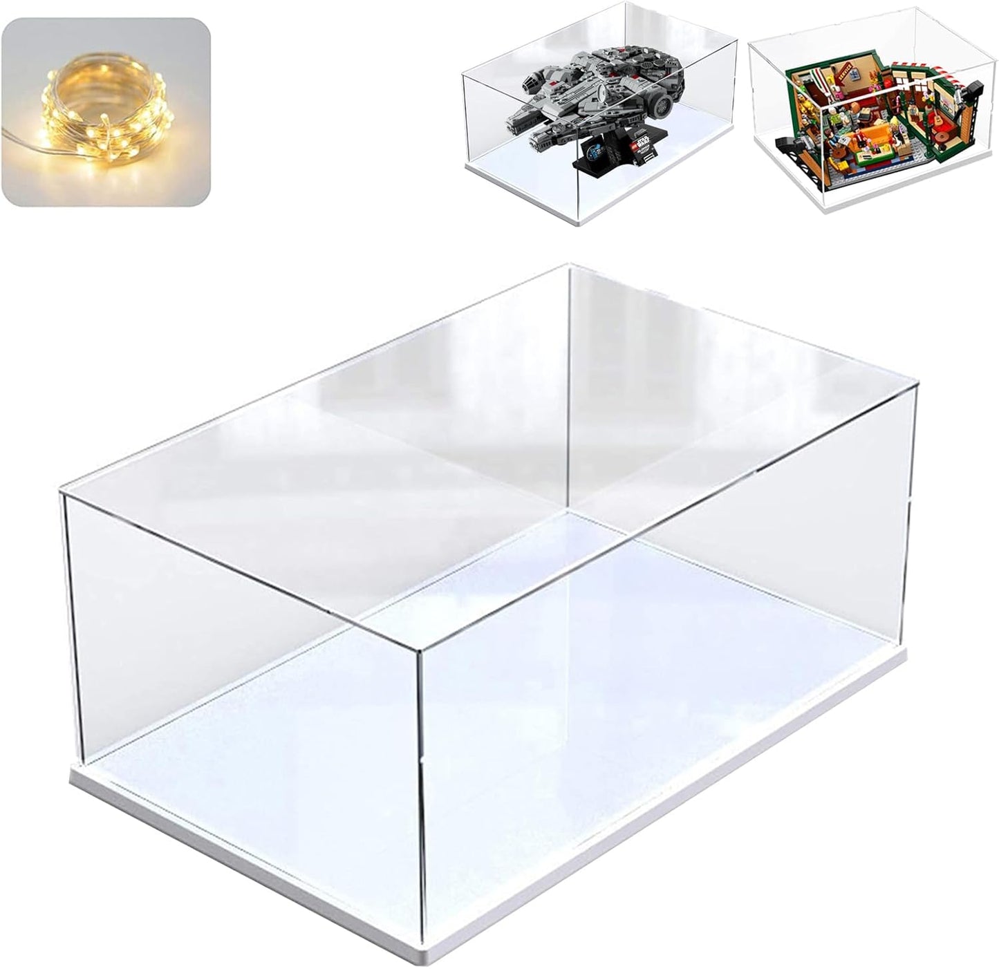 Thickened Clear Acrylic Display Case for Lego 10330 43268 76450 42170 10295 10353 Collectibles, Transparent Box Dustproof Protection with Wood-Plastic Base & String Light, Black Inside 40x20x20cm
