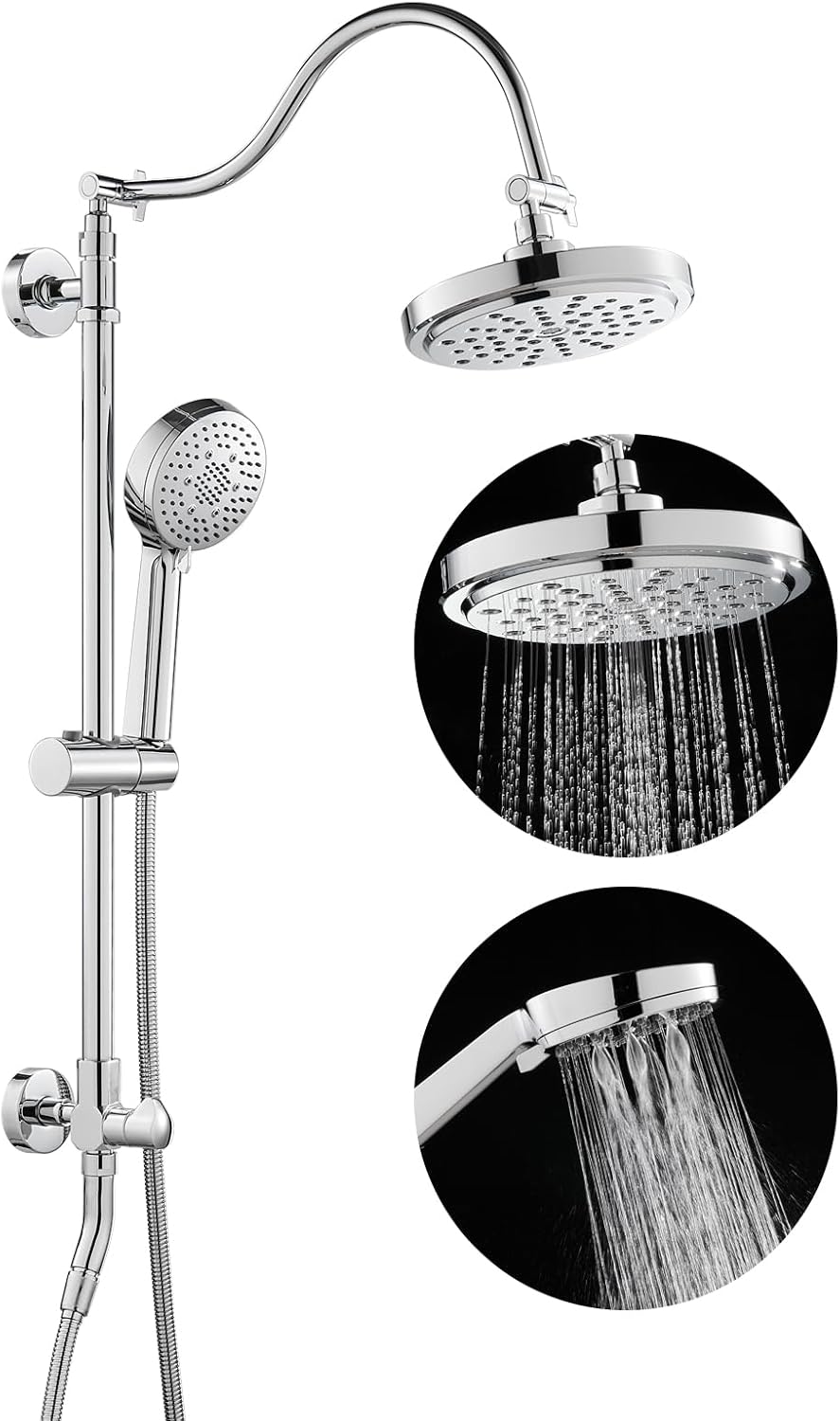 ROVOGO Retrofit Shower System with 7" RainShower, 5-Setting Handheld, 22" Slide Bar with 3-Way Rotary Diverter, Exposed Pipe Shower Column Kit 304 Stainless Steel, Chrome (NOT Include Mixer Valve)