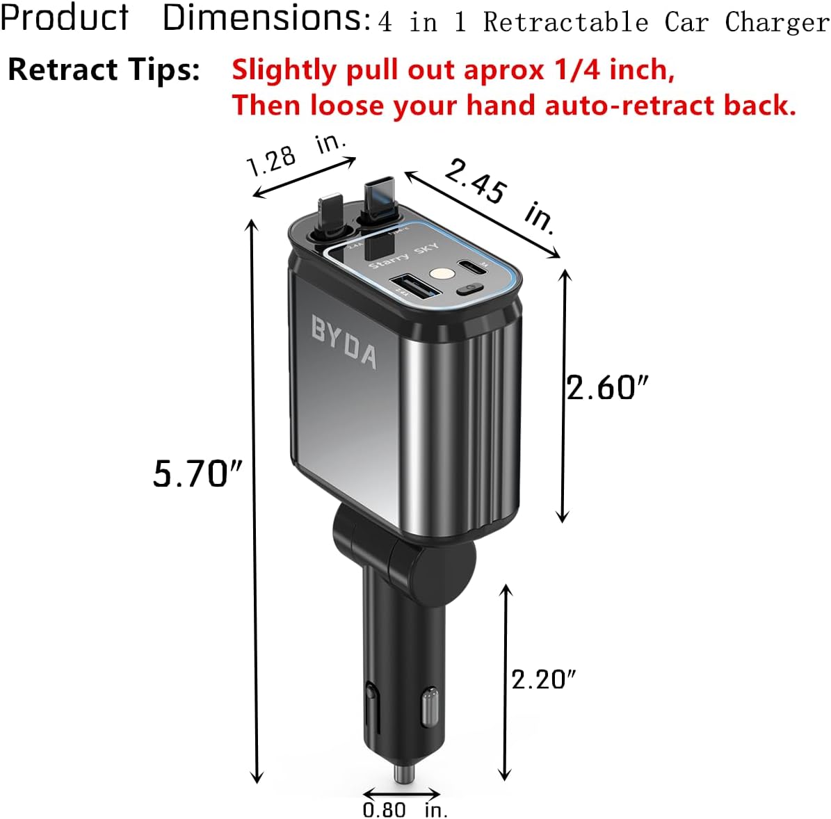 4 in 1 Retractable Car Charger 69W with Starry Light,69W Fast Charging USB C for iPhone 16/15/14/13/12,Pixel, Cigarette Lighter Charger,180° Adjustable Plug,Multi-Device Support