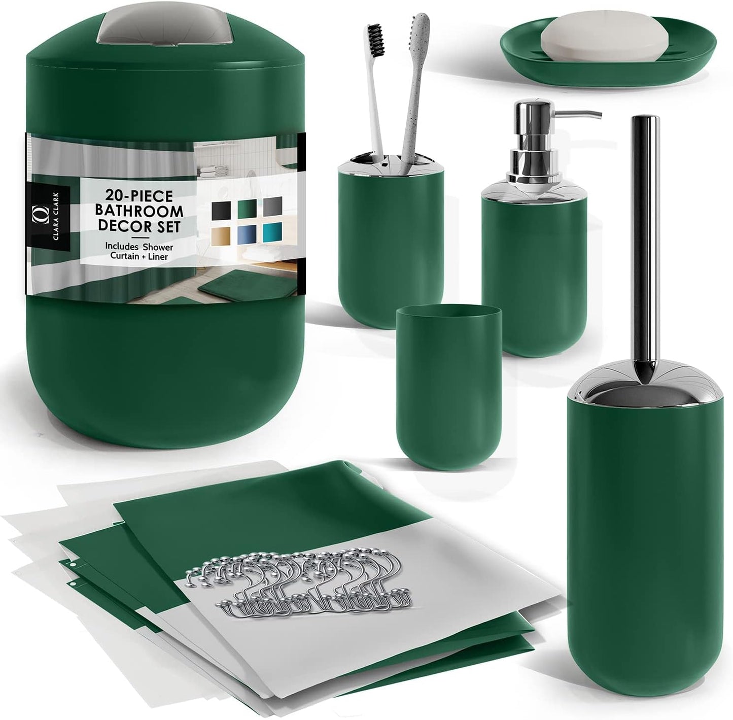 Clara Clark Bathroom Set - Gray Bathroom Accessories Set, Bathroom Sets with Shower Curtain and Rugs, 23PC Shower Curtain Set with Liner, Soap Dispenser, Soap Dish, Toilet Brush Holder, and Trash Can