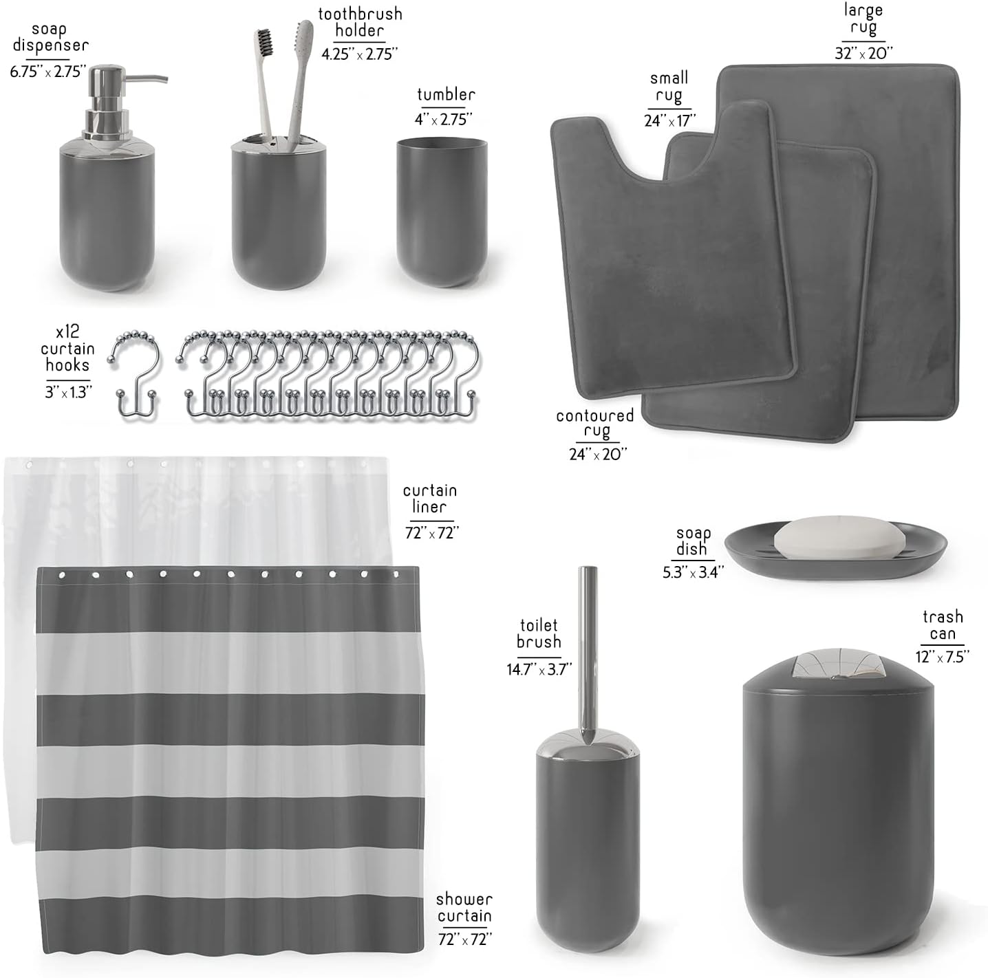 Clara Clark Bathroom Set - Gray Bathroom Accessories Set, Bathroom Sets with Shower Curtain and Rugs, 23PC Shower Curtain Set with Liner, Soap Dispenser, Soap Dish, Toilet Brush Holder, and Trash Can