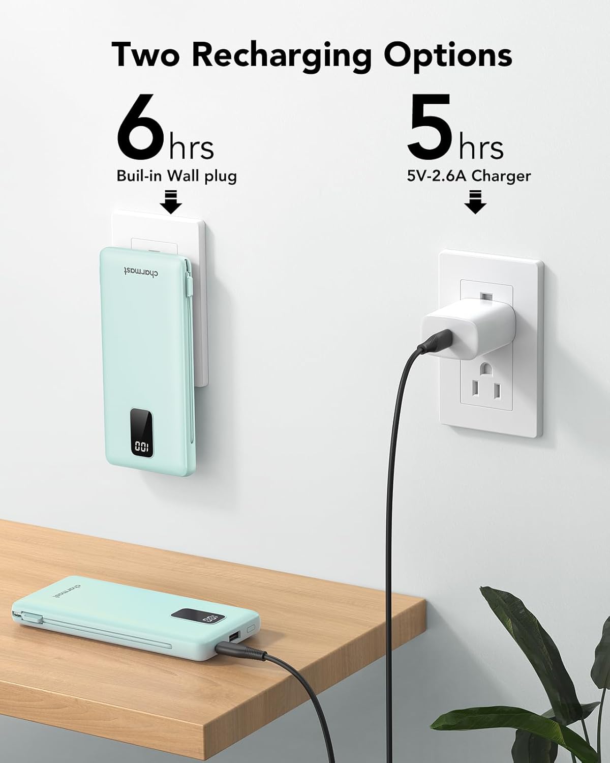 Charmast 10000mAh Portable Charger with Built-in Cables and AC Wall Plug,USB C Battery Pack Power Bank,5 Output 2 Input Battery Pack Compatible with iPhone 16/15/14/13/12,Andriod Series