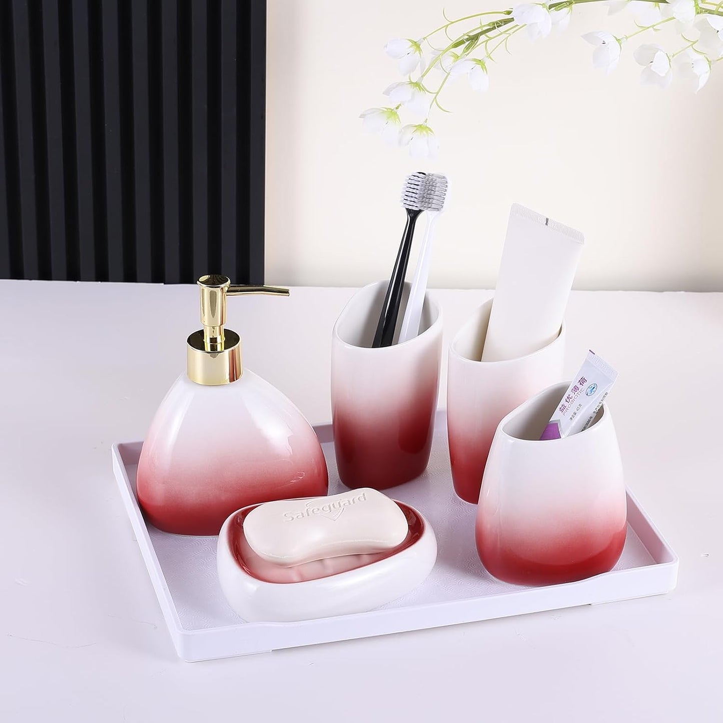 White Bathroom Accessories Set,Modern Countertop Bathroom Decor,Luxury 6 Piece Bathroom Accessory Set,Complete with Soap Dispenser,Toothbrush Holder,Tumbler,Tray